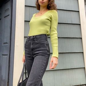 New York and Company Neon Green Square Scoop ribbed vintage sweater